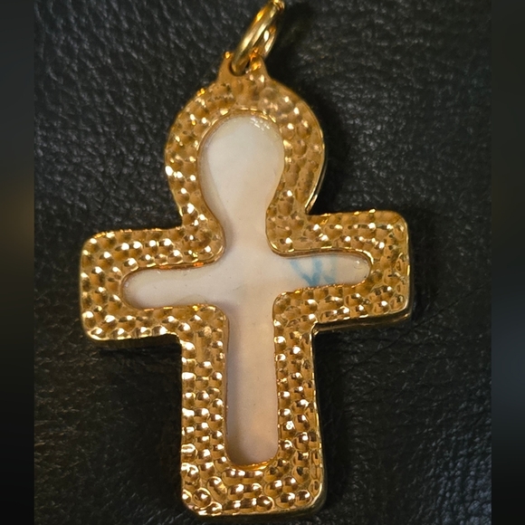 Blue & gold vintage Egyptian porcelain Ankh & Scarab pendant - Picture 4 of 6